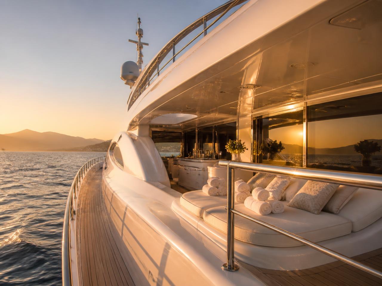 Superyacht deck at golden hour over the Mediterranean